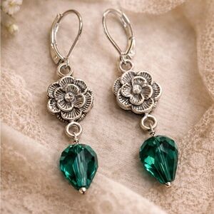 Elegant Silver Floral Earrings with Green Crystal Drops